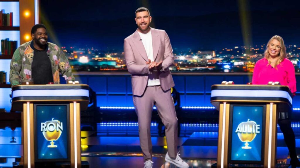 Travis Kelce on sets of 'Are You Smarter Than A Celebrity?' (Image: Prime Video) 