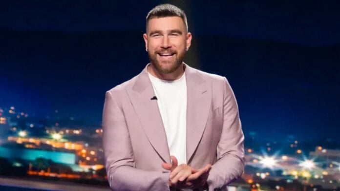 Travis Kelce on sets of 'Are You Smarter Than A Celebrity?' (Image: Prime Video)