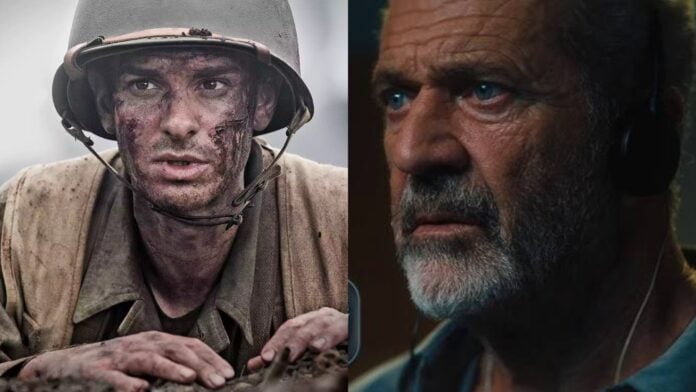 Andrew Garfield in 'Hacksaw Ridge' and Mel Gibson (Image: Everett, Saban Films)