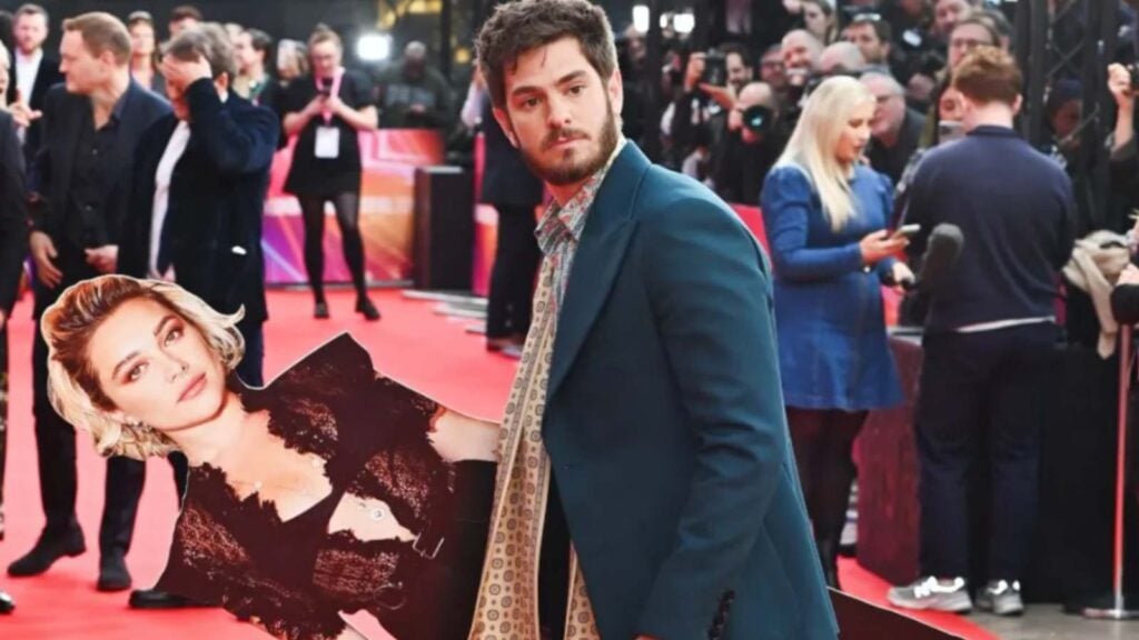 Andrew Garfield with Florence Pugh's cutout (Image: X)