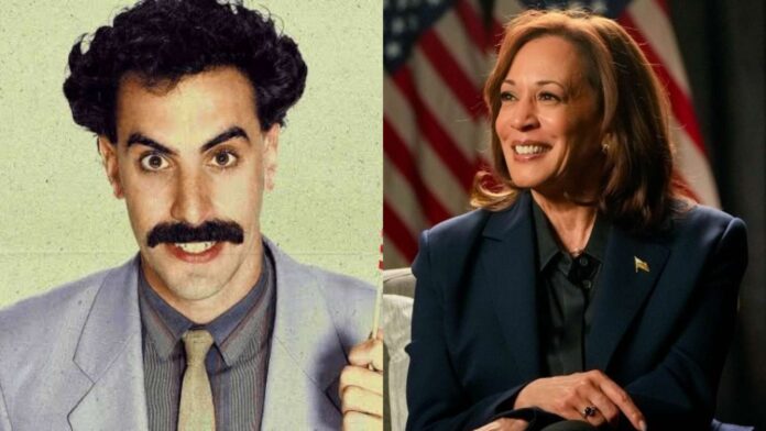 Sacha Baron Cohen and Kamala Harris (Image: Amazon Pictures / Instagram @kamalaharris