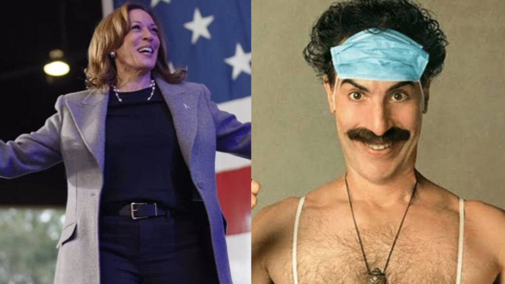 Kamala Harris and Sacha Baron Cohen (Image: Instagram @kamalaharris / Amazon Pictures)