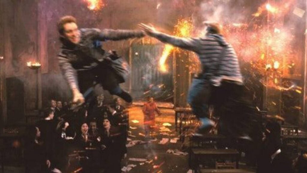 Fred and George making their exit from Hogwarts (image:Warner Bros)