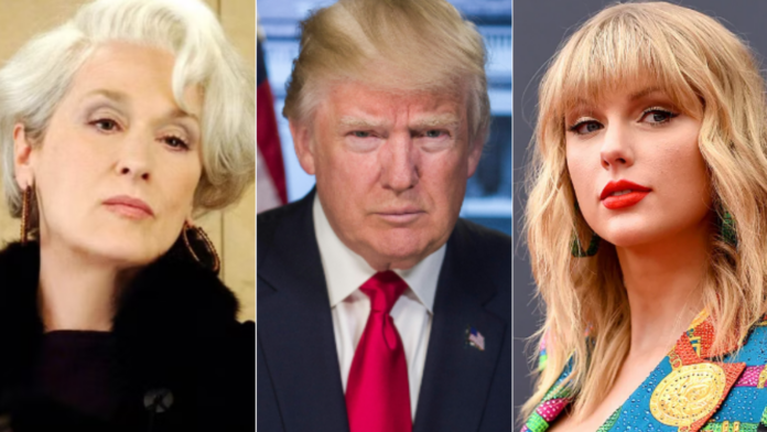 Meryl Streep (L), Donald Trump (C), and Taylor Swift (R)