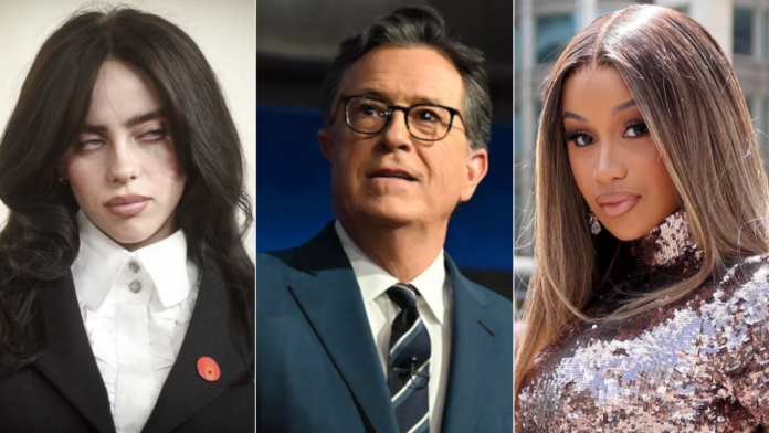 Billie Eilish (L). Stephen Colbert (C) and Cardi B (R) (Images: X)