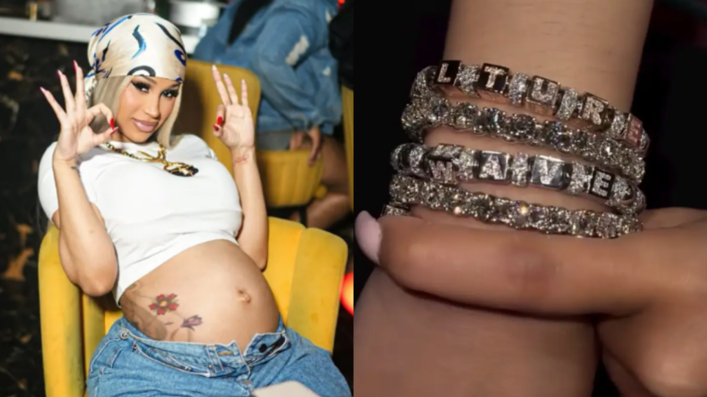 Cardi B (L) and the bracelets for her children (R) (Image: Instagram)