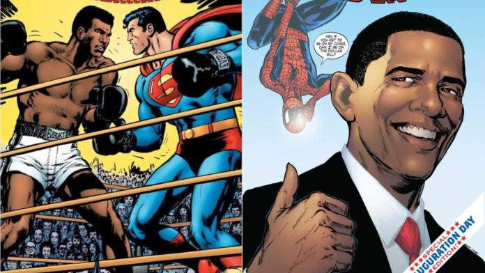 Muhammed Ali and Superman, Barack Obama and Spider-Man (Image: Marvel)