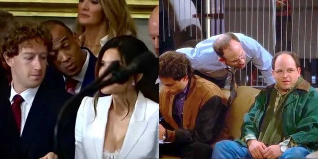 Mark Zuckerberg and Lauren Sanchez at the inauguration and 'Seinfeld' (Image: X, NBC)