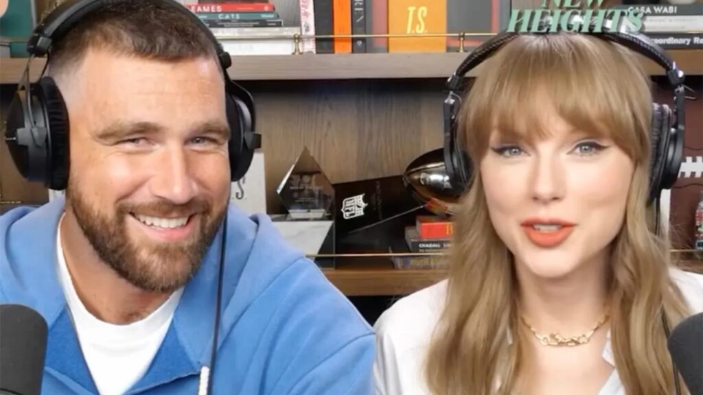 Taylor Swift and Travis Kelce (Image: 'New Heights' podcast)