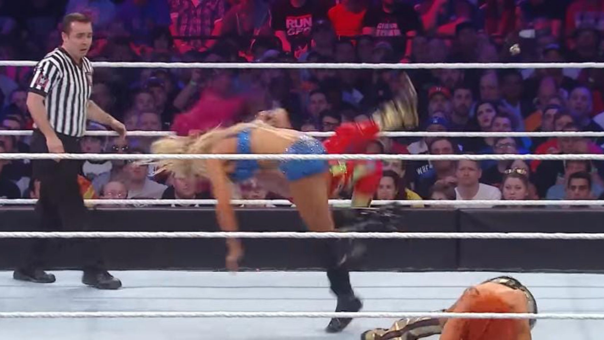 16. Charlotte spears Sasha Banks at WrestleMania 32