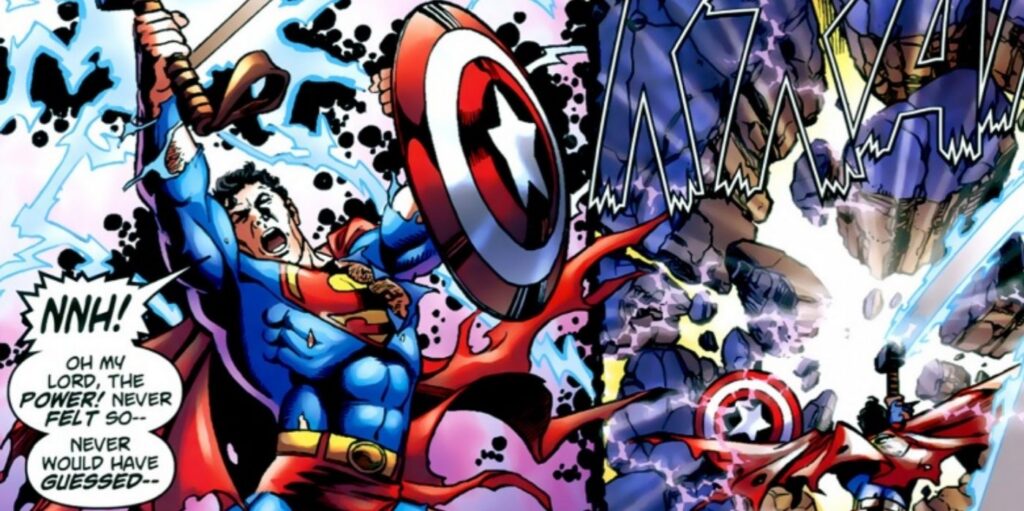 Superman wielding Captain America's Shield