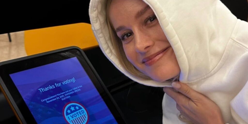 Brie Larson in her blonde wig (Image: X)