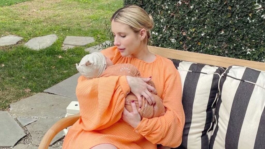 Emma Roberts with her newborn
