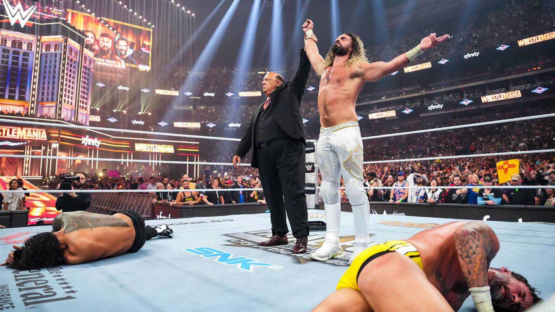 6.⁠ ⁠Seth Rollins vs. Roman Reigns vs. CM Punk (WrestleMania 41)