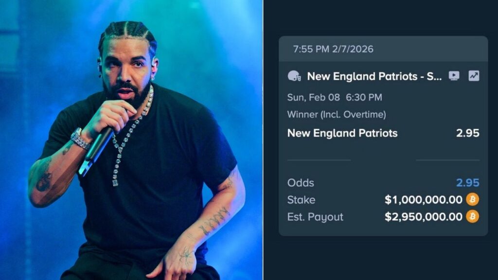 Drake's staggering Super Bowl bet (Image: Stake and Variety)