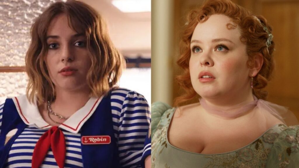Maya Hawke in Stranger Things and Nicola Coughlan in Bridgerton (Image: Netflix)