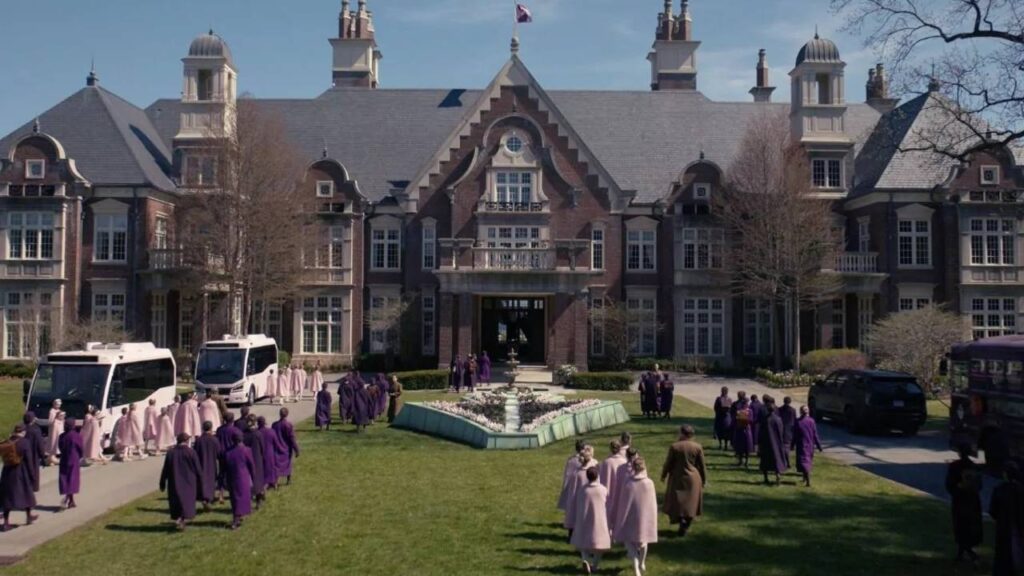 The Wife School in The Testaments (Image: Hulu)