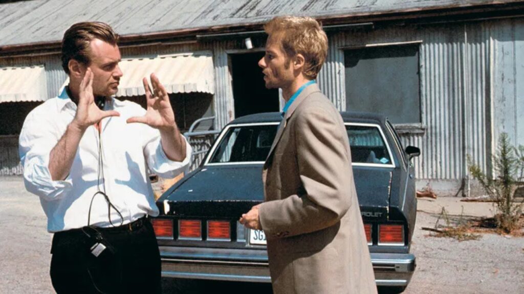 Christopher Nolan and Guy Pearce on the set on 'Memento' (Image: Newmarket Films)