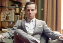 Andrew Scott as Jim Moriarty in BBC’s Sherlock (Image: BBC)