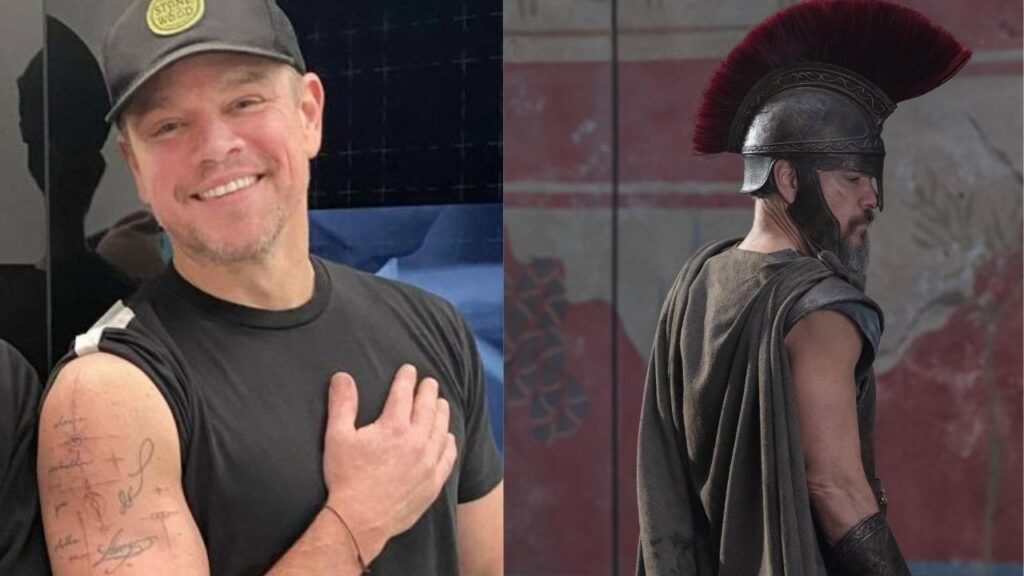 Matt Damon has got a bicep tattoo (Image: Tattofilter, Universal Pictures)