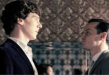 Benedict Cumberbatch as Sherlock Holmes and Andrew Scott as Jim Moriarty