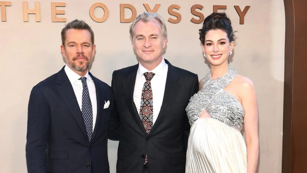 Christopher Nolan with Matt Damon and Anne Hathaway (Image: Forbes)