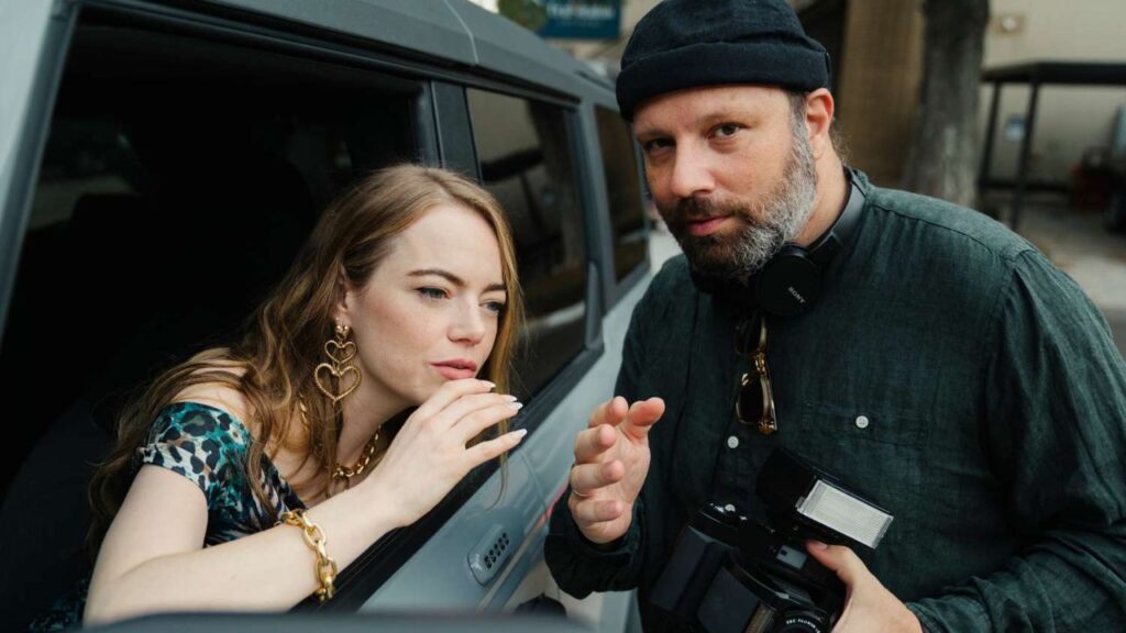 Emma Stone and Yorgos Lanthimos on the set of 'Kinds of Kindness' (Image: Searchlight Pictures)