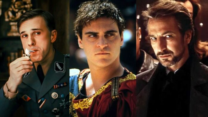 Hans Landa in Inglourious Basterds, Commodus in Gladiator, Hans Gruber in Die Hard (Image: Universal Pictures, 20th Century Fox) Hans Landa in Inglourious Basterds, Commodus in Gladiator, Hans Gruber in Die Hard (Image: Universal Pictures, 20th Century Fox)