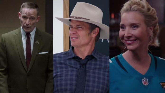 Marc Evan Jackson, Timothy Olyphant, Lisa Kudrow in The Good Place (Image: NBC)